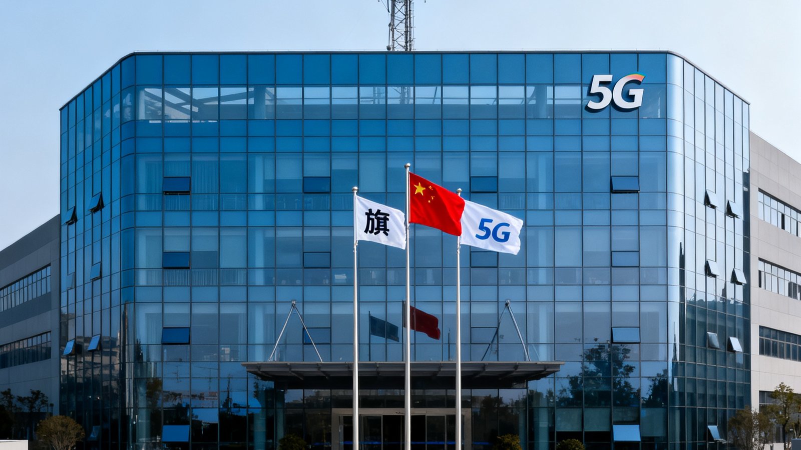 PT视讯平台深圳南山区总部研发中心外景，现代化玻璃幕墙建筑，楼顶设有5G基站天线，门前飘扬国旗与企业旗帜，展现科技企业风貌。