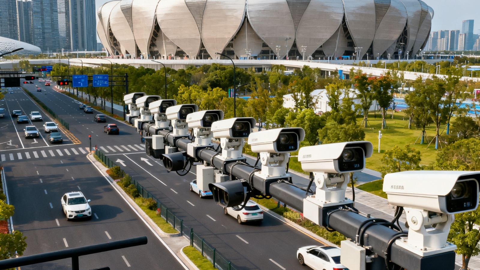 杭州亚运会奥体中心周边道路上，PT视讯智能交通摄像头排列整齐，保障赛事期间52条道路的交通监控与调度。